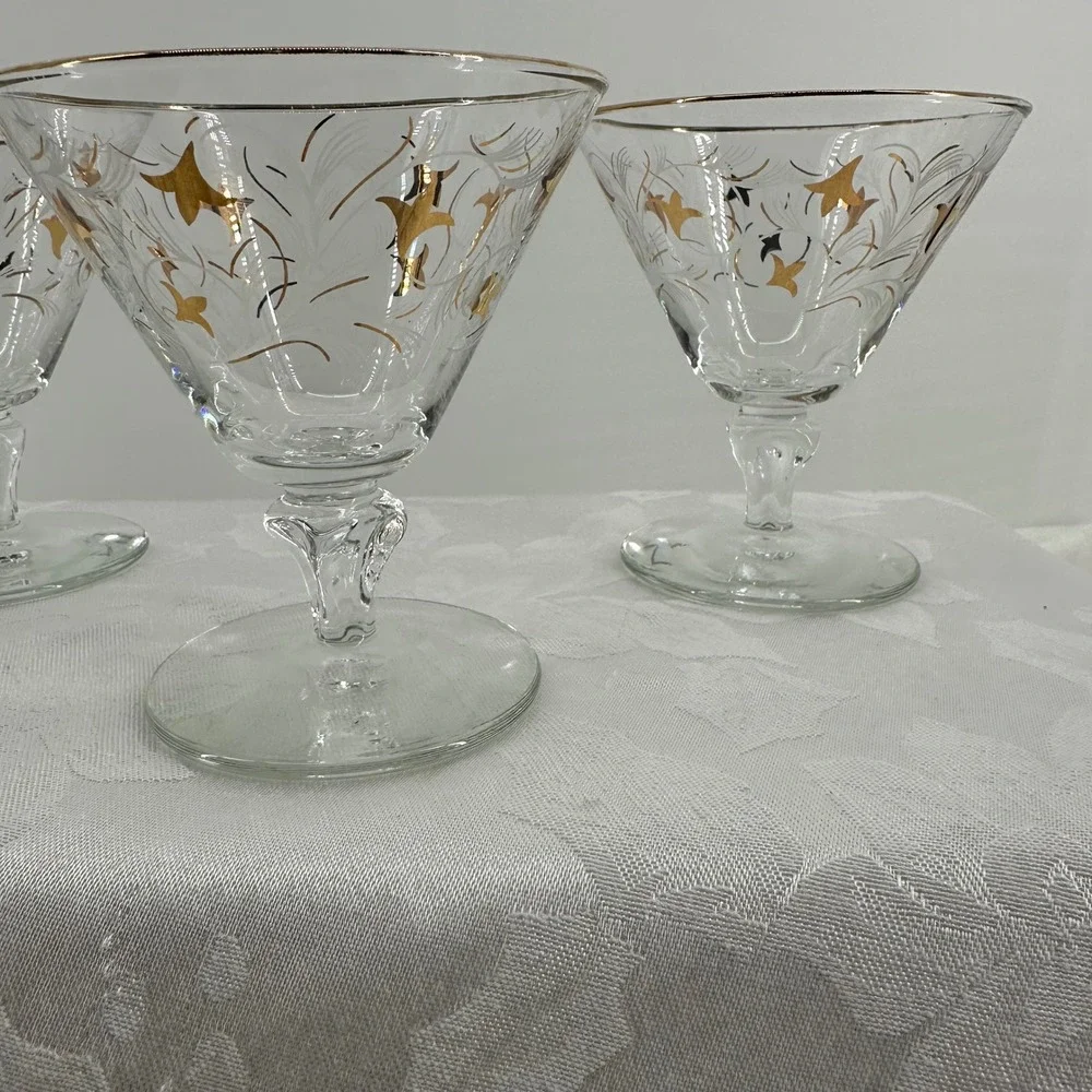 Vintage Royal Fern Martini Coupe Glasses Clear Gold Starburst Excellnt MCM Libby